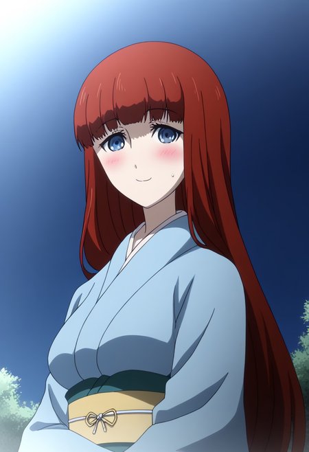 rating_safe, Ultra-high-detailed Anime illustration of Kagari Shiina from Anime Steins;Gate 0. The artwork features Kagari in a solo, standing position with a outdoors, flield and  background. firework exploding in background in the sky. night time. night.
She is depicted with intricate details showcasing her large breasts, natural_breasts. She is a white skinned, 22 years old woman. Kagari is looking_at_viewer with perfect_eyes, Her pupils are highly detailed. The eyes are open. blue eyes. Kagari's eyes are highlighted. Highlighted eyevrows. 
She has long hair, red colored hair, styled in blunt bangs and floating hair.
She is wearing a blue kimono and black shoes. japanese kimono, kimono.
The artistic style is intricate_details_xl with a focus on Anime art. The color palette emphasizes red and black with detailed strokes to bring out the character's features. The lighting creates dramatic shadows and highlights, adding depth to the artwork. The perspective is from a face focus, dutch angle to enhance the impact of the character's expression. This masterpiece is a true portrayal of Kagari's complex personality and will captivate any fan of Kagari. uncensored, upper body, blushing, smile, Kagari Shiina,
perfecteyes,
<lora:Steins_Gate:1>
kimono