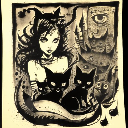 corcoc3s girls holding a surreal kitten, black ink <lora:corcoc3s:1>