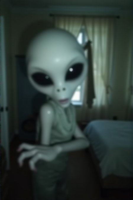 blurry photo of a grey alien grabbing the viewer, large black eyes, dim lighting, creepy looking,  <lora:FLUX.1d_-_Blurry_Photos:1> blurfoto , interior bedroom, window opened with curtains