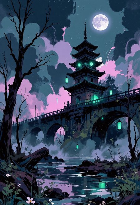 aidmafluxpro1.1, abstract style of Bruce Holwerda,
soft lighting with dynamic highlights,
A surrealistic landscape depicting a gloomy swampy area. In the middle of the swamp is a three-story wooden pagoda decorated with paper lanterns. The lanterns emit a mystical green light. A long aqueduct crossing the swamp leads to the pagoda. The swamp is lined with low, dried-up trees without leaves, reeds, and small white flowers. The sky is covered with heavy dark clouds, illuminated by the full moon. A pinkish magical smog hangs in the air. 
i11ustmin Illustration