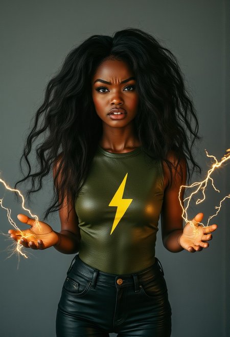 FictionalAbby a black girl, shooting black lightning from her hands. Wearing a green leather bodysuit with a yellow lightningbolt symbol and levitating. Electric font text "Buzz Queen"
