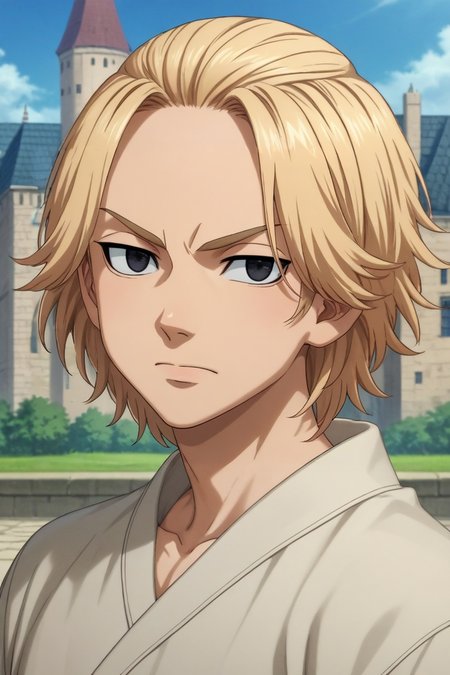score_9, score_8_up, score_7_up, source_anime, rating_safe, intricate details, semi-realistic, looking at viewer, , 1boy, solo, male focus, <lora:manjirou_sano_pony:0.82>, manjirou_sano, 1boy, blonde hair, black eyes, medium hair, , asymmetrical, castle, day, sunny, arm at side, angry, , <lora:sdxl_lightning_8step_lora:1>
