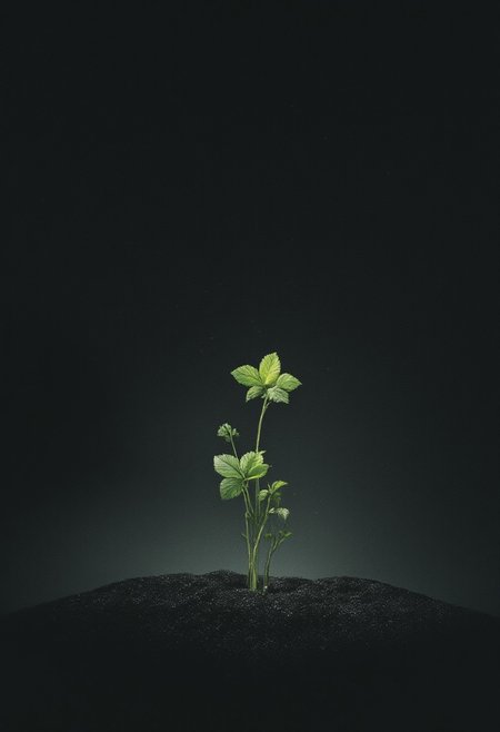 Glwoing minimalistic sprout in a starry sand filed, dark sand