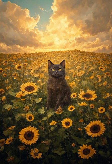 A field full of sunflowers during sunset, a small black cats face pops out and smiles. a sense of calm and relaxation, the setting sun reflecting on the clouds ,aidmaMJ6.1, DB4RZ, DB4RZ style painting