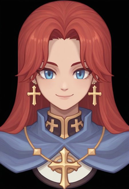 (Black background) <lora:afkArenaIllustrious:1>
afkArenaStyle, 1girl, female, solo, portrait, female focus, red hair, blue eyes, long hair, light skin, smile, looking at viewer, beautiful, blue cloak with gold trimming, cross earrings
Ragnarok online character
ROSPRITE
