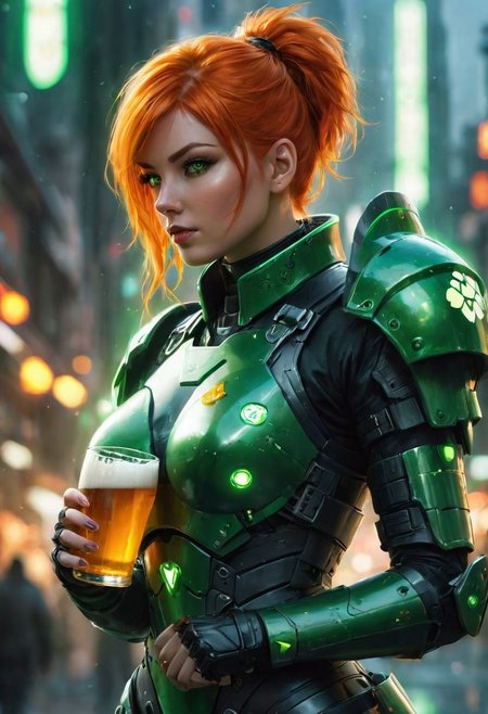 irish woman, orange hair, green eyes, blurry, cyber fighter, cyberpunk district, lips, nose, realistic, science fiction, solo, full body, drinking beer, minimal armor, glowing green light armor, Clover symbol, mean human shape, bokeh blur, Cinematographic lighting