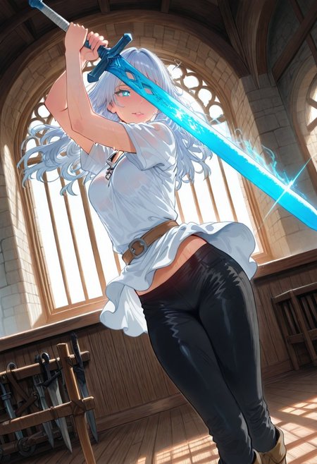 masterpiece, best quality, amazing quality, aesthetic, absurdres, newest, very aesthetic, volumetric lighting, uncensored, 8k, ultrahd, ray tracing, sharp focus,
BREAK
nsfw, ambient occlusion, intricate cinematic background, beautiful detailed face, (sexy, slutty, hot), anime_face, Hews,
BREAK
masterpiece, highly detailed, solo, beautiful eyes, big eyes, (cyan eyes, bright pupils), glowing eyes, detailed eyes, perfect eyes, detailed pupils, perfect body, (sexy lips), 1girl,
BREAK
fair skin,
BREAK
white hair, long hair, swept bangs from left, medium breasts, loose white tunic, tight black trousers, sabatons,
BREAK
dynamic action pose, standing, dynamic expressions, holding weapon, greatsword, training, swinging, sparring, sweaty, focused,
BREAK
portrait, face focus, dutch angle, full body, indoors, day, sunlight, training arena, huge windows, mirrors, weapon racks, medieval fantasy, rich color tone, tasteful layout, cinematic composition, detailed background,