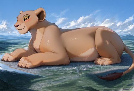 Safe_pos, score_9, score_8_up, score_7_up, detailed face, best quality, 1girl, solo, masterpiece, detailed background, beautiful, detailed eyes, mature female, giantess, macro
side view, lien,
1girl, solo, furry art, feral, Nala, Lioness , Solo, Lion King, Disney, furry, On fours, tail, full body view, slightly chubby,
pin up pose, laying on side, light smile, narrowed eyes, blush
long river, skyline, cityscape, destroyed cityscape,  earthquake, steam, fog, craters