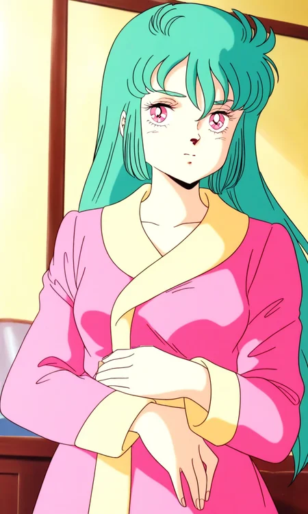 general,highres, ultra-detailed,very aesthetic,best quality ,best hands, BREAK <lora:Ciela_Lapana_gown_IS:1>
Ciela_Lapana(gown), 1girl, solo,  long hair, green hair, pink eyes, bangs, medium breasts, pink and Yellow gown, robe,
pajamas, indoors,  upper body, 
long sleeves, retro artstyle, 1980s (style), anime coloring,