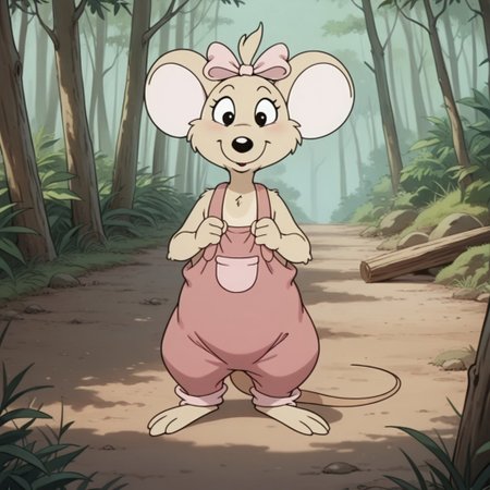 masterpiece, best quality, amazing quality, Marciabbil, semi-anthro, female, Marsupial Mouse, tan fur, black eyes, pink overalls, pink bow, hair bow, woods, standing
