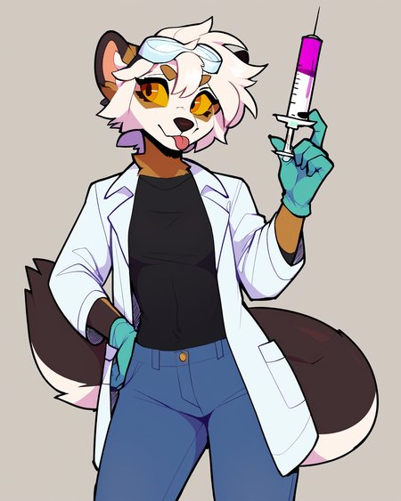 score_9_up, score_8_up, score_7_up, score_6_up, furry female, by remanedur, half-length portrait, female, furry, yellow eyes, yellow sclera, lab goggles, lab coat, white hair, tail, holding syringe, medical syringe,  syringe, medium breasts, thinking, tongue out, blep, short hair, black shirt, jeans, gloves, head tilt, standing, solo, three-quarter view, simple background,<lora:Leah_Pines(AIM)_XL_v1:0.15> <lora:PDXL_artist_tags_v2_big:0.5> <lora:The-Minuscule-Task_PDXL_v1.0:0.6>  <lora:Chise_sailorrooscout:0.7>