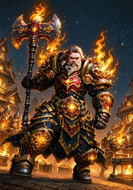masterpiece, best quality, ultra-detailed, absurdres, 64K, high resolution, concept art, official art, illustration, fantasy illustration, very aesthetic, highly detailed, beyond intricately detailed, stylized, stunning, smooth quality, colorful, digital artwork, abstract, HDR, raytracing, high contrast, dramatic shadows, depth of field, glow, ornate design, sharp focus, highly detailed face, (full-body:1.2), character-focused scene, BREAK,

(Dutch angle, action shot:2), 

(Dwarf, short stature, male, wearing wicked draconic red and gold plate armor set, his long light brown hair and beard accented with ornamental golden beads and dark brown shadows, his shoulders forged in dark iron to depict dragon style heads are accented with red metal and golden trim, golden runemagic covers his body and armor, strong facial expression, strong colors, dark background, sweat glistening on his skin, standing with a large forge hammer, he poses in front of his blacksmith shop, the fire of the forge glowing brightly behind him dancing dramatically off of his large and heavy smithing iron, action-combat stance, dynamic pose:1.6), 


