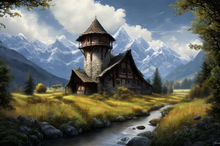 realistic analog photo, award winning photo, 
fantfa, background, mountain, stream, trees, foreground, field, house, farm, witow, a wizard watch tower,
high-quality, crisp, sharp, professional-grade, high-resolution, fine detail, accurate colors, low noise, fast shutter speed, wide dynamic range, precise focus, RAW, highres, 8k, uhd, High Dynamic Range, tonemapping, crisp details,