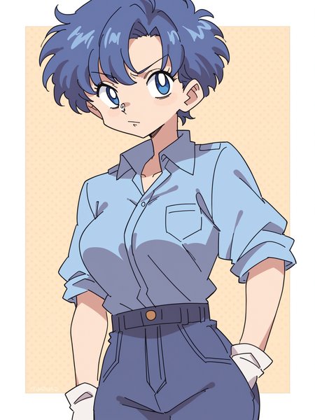 score_9, score_8_up, score_7_up, score_6_up, source_anime, zPDXL, BREAK
1girl, solo, <lora:Masikakumo:1> masika, twenty-something mexican woman symmetrical face   upturned nose   blue upturned  eyes  cleft lip thick blue  feathered hairstyle  retro polo shirt trousers  gloves