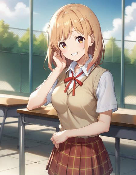 score_9,score_8_up,score_7_up,score_6_up,BREAK official art,solo,outdoors,smile,cowboy shot,cheek-to-cheek,looking at viewer,facing viewer,Yamada Yui,medium hair,blond hair,bangs,brown eyes,school uniform,neck ribbon,red ribbon,sweater vest,beige vest,white shirt,collared shirt,medium breasts,skindentation,short sleeves,miniskirt,red skirt,plaid skirt,pleated skirt,black socks,uwabaki,white footwear,<lora:Yamada Yui(asagao)-Pony · v2.0:1.2>,<lora:Smooth Anime Style LoRA XL:0.8>,