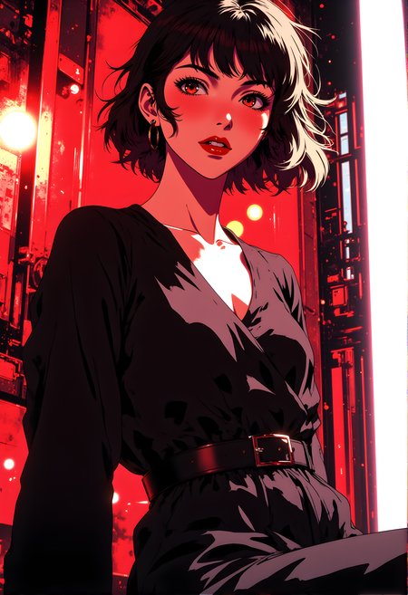 A striking and stylish character set against a vibrant, urban backdrop. The individual has short, tousled black hair with subtle highlights, giving it a dynamic and edgy appearance. Their bold red lipstick contrasts sharply with their fair skin, adding intensity to their gaze. The person is dressed in a sleek, dark outfit that includes a fitted top with a deep neckline and a high-waisted skirt cinched by a belt. The background is dominated by bright red lighting, which casts dramatic shadows and enhances the overall cyberpunk aesthetic. The setting appears to be an industrial or futuristic environment, with metallic structures and glowing lights contributing to the scene's moody and atmospheric tone. The combination of the character's confident posture and the vivid surroundings creates a powerful and visually captivating image.
j_art, anime, anime art, <lora:FLUX\jul\J_Anime:0.7>, <lora:FLUX\RealAnime:0.7>