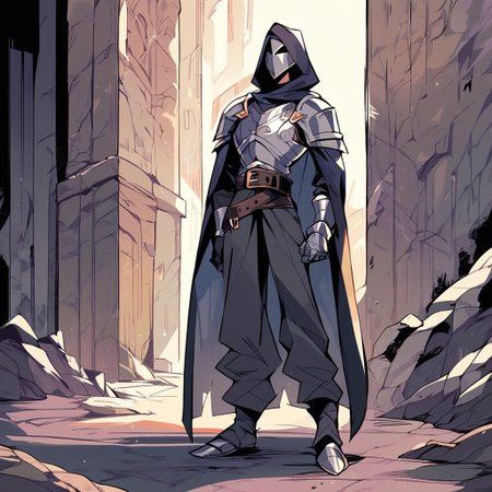 score_9, score_8up, score_7up, score_6up, HazbinStyle, HCSV1, 1man, human, male, solo, cartoon character, knight, hooded cloak, hood over head, scabbard sword, belt, silver gauntlets, silver mask, full body
Offering hand out to viewer, looking at viewer, average body, metal armor chest, tattered clothes, 
indoors, convention