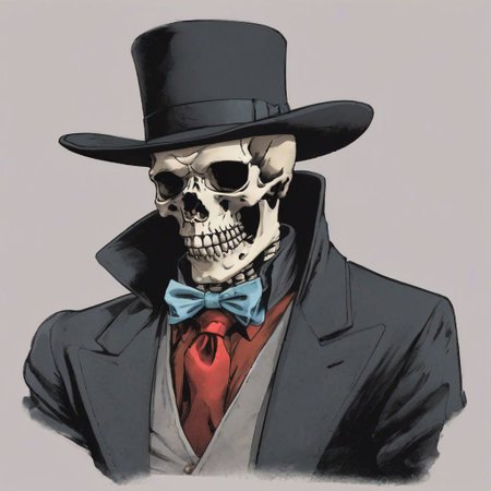 Skeleton man, black coat, red tie, neck spine not visible, hat.gun.frown.
