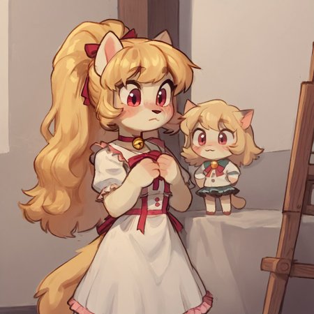 chibi
Art by Phallusbro[STYLE], Phallusbro[STYLE], furry, furry art, Cartoony, Cartoon like, cutesy style,
csr style, fcNeg, updn,
NEGATIVE_HANDS, 

HD, digital painting, painting, digital art, digital media (artwork), hi res, (uploaded on e621:1.1), best quality, highly detailed, intricate details, extremely detailed, perfect hands, negative_hand, detailed, clean lines, Shaded, painted,
game CG, official art, score_9, score_8_up, score_7_up, score_6_up, score_5_up, score_4_up. 

tying up hair, pony tail, hands up, portrait, collar, bell collar,
yuri, animalistic features, concentrated, frowning,
1 girl, cat anthro, fluffy, cute, fluffy tail, scut tail, light red eyes, blonde, long hair , white body, big hair,
clothed. dress, ruffled dress, ribbons, frills, frilly dress,