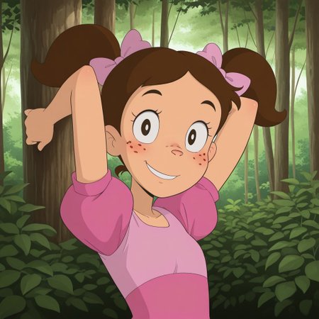 masterpiece, best quality, break, popis_ca, twintails, brown hair, hair bow, freckles, dress, puffy sleeves, arms behind head, looking at viewer, smile, upper body focus, forest