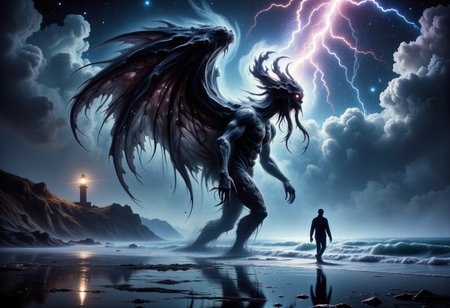 rising of the ocean on a dark night a giant human body walking towards the sailor with kraken head with a lot of kraken giant tentacles coming out of your head, extra large dark wings, cthulhu, shadow. a diagonal flash of a lightning bolt tearing the scene, a sailor figure, almost tiny in size is standing still on the edge of the beach looking at the ocean. in the left corner of the scene is a lighthouse with a yellow light focused on the ocean reflecting in the water on an island in the ocean. on the sky a arm of he vialact, In the night sky a galaxy full of stars, dark atmosphere. terror and horror feeling.