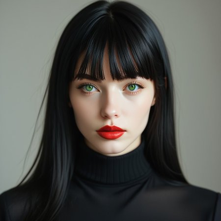 portrait, light makeup, neoteny, 18 years old, soft jaw, puffy mouth, large eyes, perfect yes, tertleneck black shirt, skinny , narrow face, european, face close up, 1girl, solo, black hair, fringe, long hair, glossy red lipstick, lips, looking at viewer, realistic, grey background, seriouse xpression, simple background, face, green  eyes, upper body, eyelashes, close-up, nose, eyebrows, indoors, bright lighting, artistic shot