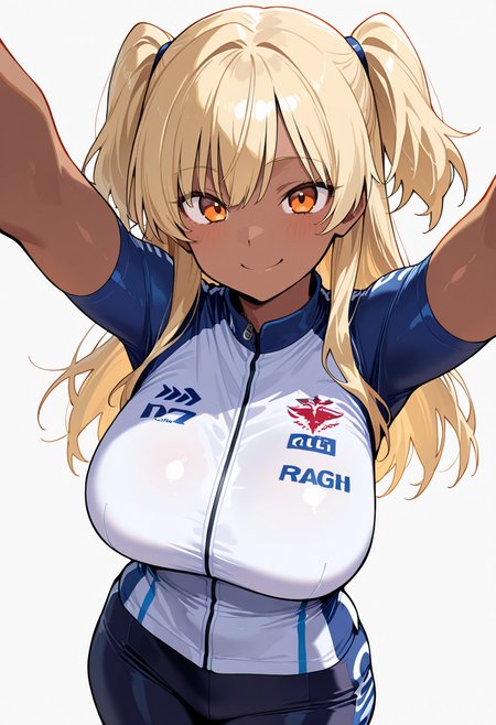 masterpiece, best quality, amazing quality, simple background,((outlined outlined vector graphics)),  simple background,  white background,
1girl, solo, female focus ,20yo, (large breast:1.2), orange eyes, (blonde hair:1.3),long hair, (two side up:1.1), (dark skin:1.6), dark skin girl, (tall:1.2), (abs:0.7),bangs,  looking at viewer ,smile, happy, ,,cowboy shot,cycling wear, cycling-wear, cute face , short sleeves  <lora:cycling-wear-il-01:0.7>