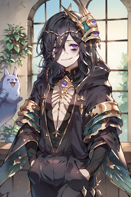 score_9, score_8_up, score_7_up, score_6_up, score_5_up, source anime, solo, 1girl, (lich \(granblue_fantasy\)), (black dress), bags under eyes, (breasts), black dress, hair over one eye, purple eye, (hands in pockets), cowboy shot, sharp teeth, smile,  looking at viewer, realistic background, lounge, indoors, thin arms, narrow shoulders, petite, long hair, black hair , long hair, hair ornament, <lora:655-10:0.8>   <lora:Smooth Anime 2 Style SDXL_LoRA_PonyXL Diffusion V6 XL:1> <lora:OldAnimeStyle_PonyXL_v3:0.5>