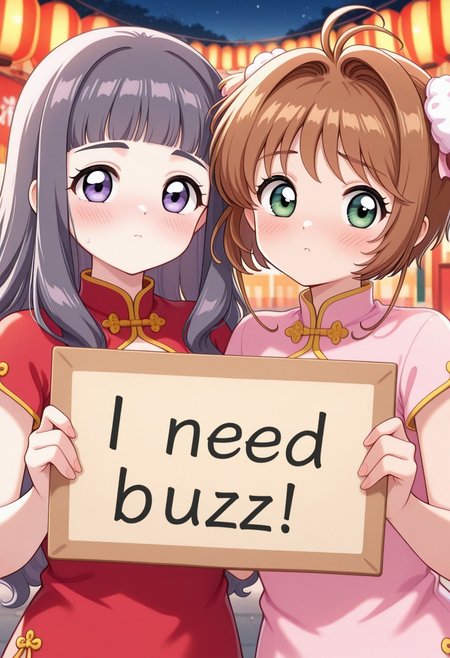 masterpiece, best quality,
(2girls),daidouji tomoyo,chinese clothes,kinomoto sakura,
looking at viewer,
need_buzz, holding sign, blush,
upper body,Festival Celebration,