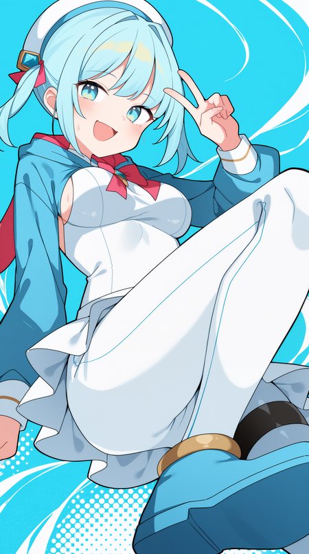 masterpiece, best quality, amazing quality, aesthetic,  absurdres, best quality, 4k, upscale, Shabon, halftone background, colorful background, colored shadow,(dynamic pose, foreshortening), 1girl, solo, hood, pants, long sleeves, blue eyes, blue hair,  v, hat, blue footwear, bangs, breasts, white headwear, smile,  <lora:Tia_Shabon_IL:0.8>