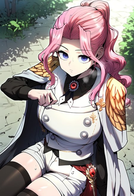 score_9, score_8_up, score_7_up, score_6_up, source_anime, rating_explicit, 1girl, (solo:1.2), huge breasts, <lora:Certiponyxl:1> pink hair, long hair, purple eyes, ponytail, sidelocks, white cape, brooch, gem, epaulettes, white vest, black shirt, long sleeves, collared shirt, buttons, short shorts, white shorts, black thighhighs, expressionless, Narrow shoulders, heavy breathing, steaming body, forest, outdoors, looking at viewer, close-up