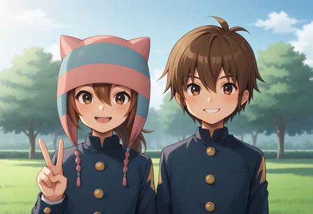score_9, score_8_up, score_7_up, source_anime, highly detailed, 2boys,
matsuno, 1boy, male focus, brown hair, ponytail black eyes, hat, animal hat, BREAK
handa, 1boy, male focus, brown hair, hair between eyes, brown eyes,  BREAK
school uniform, gakuran, jacket, blue jacket, long sleeves, buttons, pants, blue pants, upper body, smile, 
outdoor, looking at viewer, v sign,