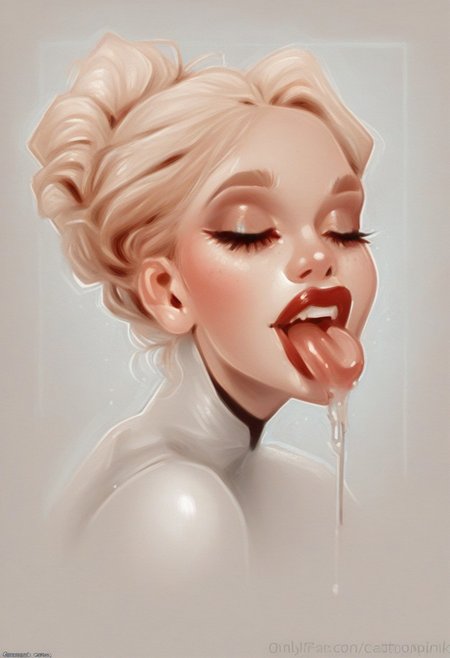 Cartoonpink, oil pastels, score_9, score_8_up, score_7_up, extremely detailed,
1woman, adult woman, age:35, portrait, blonde, athletic, in bed, mouth open wide, sticking tongue out, excited, eyes closed, ((blue eye shadow)), glossy red lipstick, shiny skin glistening,  beautiful neck, messy bun, woman's suit,