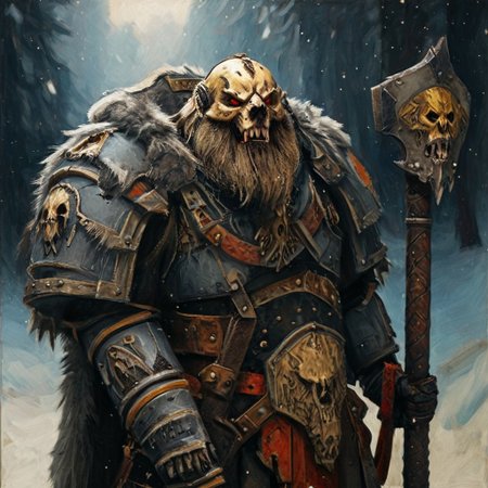 Space wolf warrior, wolf priest, chaplain, skull helmet, wolf skull helmet, wolf skull has a long snout that extends to the helmet mouth vent, the skull has fangs and glowing eyes, warrior with beard is in winter landscape, he is a werewolf space marine,  he as heavy scars, he has his huge runic hammer in his hands, portrait style, viking, norse, beard, clad in ripped furs and pieces of old worn space wolf armor, Black over black, top light, masterful painting in the style of Anders Zorn | Marco Mazzoni | Yuri Ivanovich, Todd McFarlane, oil on canvas
<lora:add-detail-xl:1> <lora:MJ52:0.5>