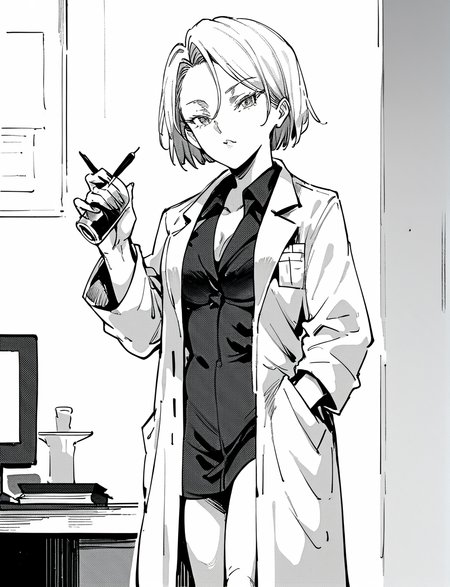 score_9, score_8_up, score_7_up, score_6_up,   monochrome, <lora:nyuu_koubou_backstage_festival_Style:1.3>kazemura_kyouko, 1girl, lab coat, standing
