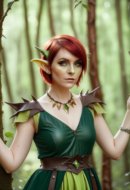 depth of field, fantasy photoshoot, photo, professional photoshoot,
1girl, goblin, pointy ears, short, green skin, themes of gold and leather,
short hair, dress, jewelry, red hair,
summer forest, branches in foreground, blurry foreground, trees in background,
realistic, blurry