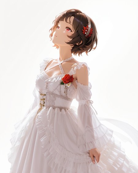 Positive: Masterpiece, best quality, amazing quality, very aesthetic, high resolution, ultra-detailed, absurdres,
1girl,solo,white_background,
schndef, short hair, feather hair ornament,small breasts,brown hair, red eyes,white hairband, 
white off-shoulder lace ruffled dress,
white dress,white off-shoulder,lace,frills,
criss-cross halter,
corsage,jewelry,
long sleeves,detached sleeves, 
cowboy_shot,look up,