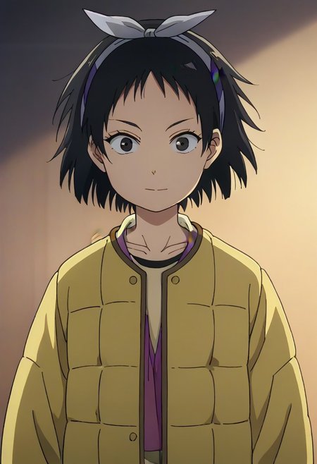 Totori, short hair, black hair, black eyes, yellow jacket, purple hairband, <lora:HeavenlyDelusion:1>,