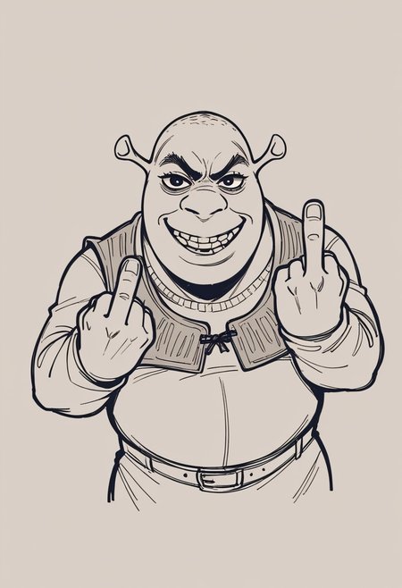 , score_9, score_8_up,score_7_up, source_furry, source_ anime, lineart, sketch, shrek, middle finger, wild smile, solo,
<lora:Potat-lineart_sketch_v1-USENEG:-0.85>  <lora:Shrek_XLPD:0.8>