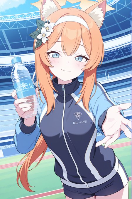 anime_screencap,  masterpiece,best quality,amazing quality, highres,  1girl, solo, Mari_(Track)_(Blue_Archive), blue_eyes, orange_hair, braid, small_breasts, long_hair,  halo, hair_flower, animal_ear_fluff, gym_shorts, blue_shorts, track_jacket, blue_jacket, white_hairband, stadium, standing, looking_at_viewer, holding_drink, reaching towards viewer, light_smile, closed_mouth,  