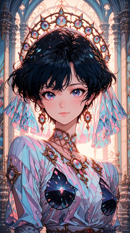 (in Krenz Cushart style:1.4), A uniquely extremely beautiful female Crystalized Seraph, holographic attire inspired by celestial nebulas and vintage vinyl records, wearing unique Avant-garde masterpiece attire and headdress, (upper body portrait from the Waist:1.0), (composition styled in a surrealist dreamscape, ethereal backlighting casting prismatic hues, background a crystalline garden with floating orbs:1.1), (hyperdetailed, intricate details, micro details:1.0), (very stylish detailed modern haircut, mesmerizing detailed radiant face, mesmerizing detailed beautiful eyes:1.2) masterpiece, best quality, amazing quality, very aesthetic, absurdres, detailed eyes, newest, <lora:PinkieRetroAnimeIL:1>, pinkretroanime, retro art,