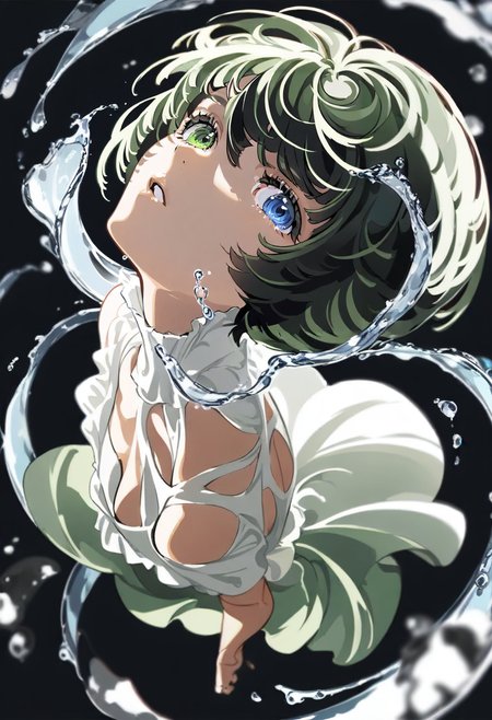 <lora:yoneyamaiXL_il_lokr_V53P1:0.95> 1girl, heterochromia, solo, looking up, parted lips, blue eyes, green eyes, short hair, dress, looking at viewer, water, white dress, green hair, black hair, black background, bangs