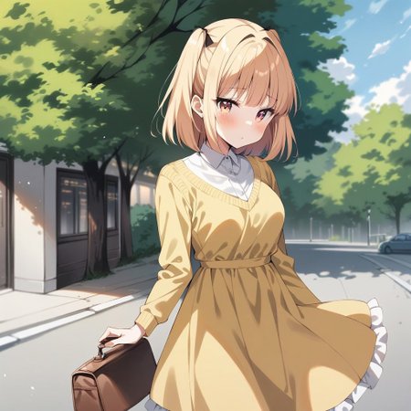 1girl, iijima yun, new game!, aged up, yellow dress, frilly dress, outdoors, masterpiece, best quality, absurdres, very aesthetic