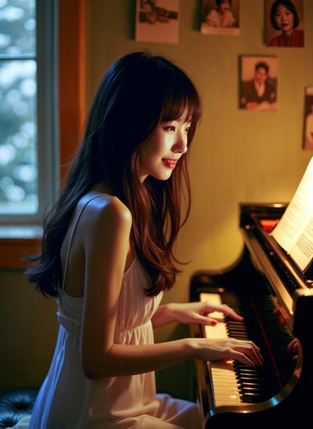 cinematic film still a young woman sitting at a piano in a room. She is wearing a white dress and has long dark hair that is styled in loose waves. The woman is playing the piano with her hands and appears to be focused on the music. There is a sheet of music on the piano and a window in the background with a view of trees outside. The room is dimly lit and there are several framed pictures hanging on the wall. The overall mood of the image is peaceful and serene. <lora:add-detail-xl:.5>  <lora:Flux-style-xl-lora:.5>