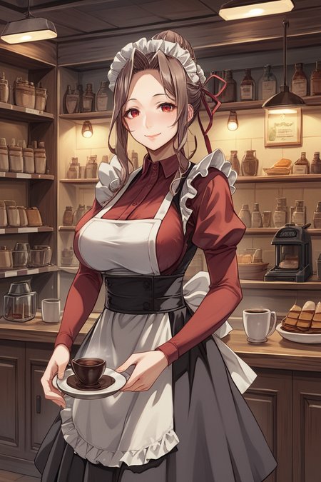 score_9, score_8_up, score_7_up, score_6_up, source_anime, BREAK, <lora:Mistel:0.8> , misdef, 1girl, long hair, brown hair, red eyes, hair bun, hair ribbon, ribbon, looking at viewer, smile, closed mouth, serene, large breasts, (mature woman), (maid outfit), maid headdress, cowboy shot, <lora:zy_Detailed_Backgrounds_v1:0.3> , detailed background, highly detailed, indoor, shop, cafe, coffee shop, clutter,  <lora:backgroundsetXL:0.4> , background,  <lora:m31d0n0XLP:0.8> , m31d0n0, maid,