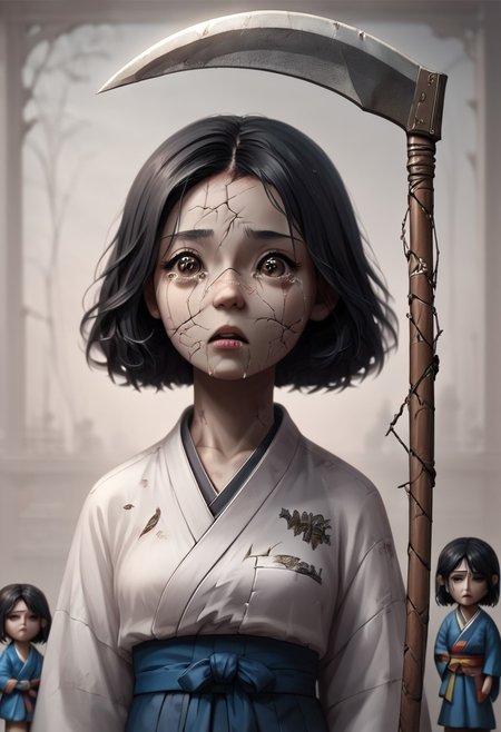 score_9, score_8_up, score_7_up, score_6_up, easynegative, masterpiece, the highest, perfecteyes, brown eyes, girl, kimono ,black hair, scythe, ,jewelry,geisha , fear, facial cracks,tears,porcelain body,doll,doll joints