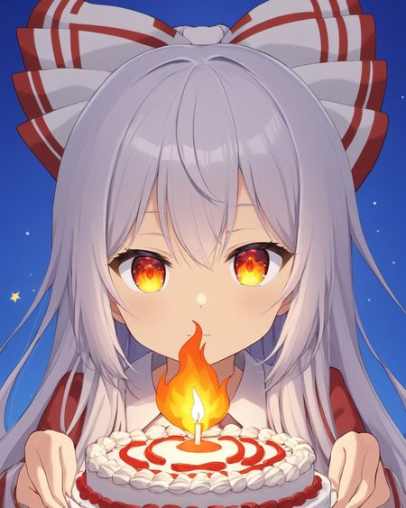 fujiwara no mokou,1girl, solo, birthday_cake, burning, hair_bow, shaded_face, simple_background, candle, flame, looking_at_viewer, blue_background, border
<lora:fujiwara_no_mokou_image4672_2023-12-14-000008:1>,star-shaped_pupils,symbol-shaped_pupils,. gorgeous,key visual, vibrant, studio anime,award-winning, professional, highly detailed,high budget, cinemascope