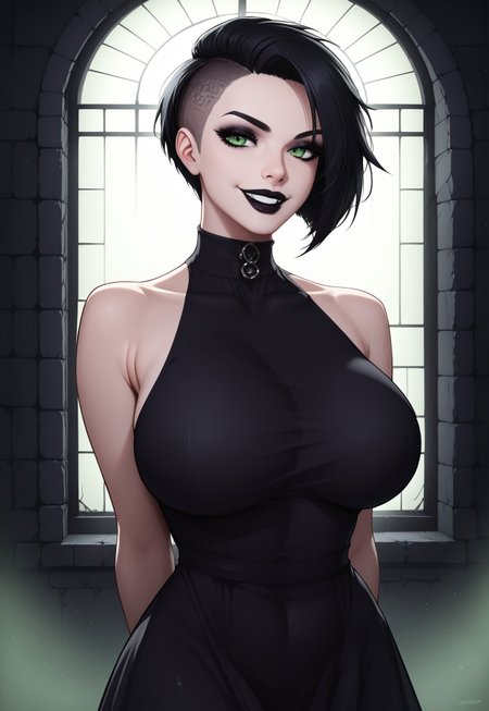 safe_pos, score_9, score_8_up, score_7_up, woman, goth, green eyes, short hair, undercut hair, (massive breasts:0.80), black lipstick, black eyeliner, (black dress:1.1), long dress, gothic dress, (breasts covered:1.1), dunegon, stone walls, window, window lighting, easy smile, relaxed expression, perfect hands, standing, upper body shot, detailed face, perfect hands, detailed face, perfect face, front view, hands behind back, realistic, ultra-realistic, high resolution, photorealistic, detailed background, realistic background, perfect lighting, volumetric lighting, indoor lighting, lhata4564,