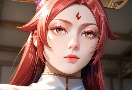 Yanji, Yanji dress, red hair, hair ornament, jewelry, forehead mark, perfecteyes, hyper detailed, hyper realistic, score_9, score_8_up, score_7_up, 8k, best quality, high quality, natural lighting, intricate, soft warm lighting, realistic, hyper realistic, Ultra HD quality ,
bedroom, standing, posing, from below, close-up,
