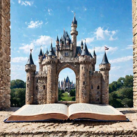 F-B-C, foreground: open back to back book and window, background: white castle, effect: castle stands on book